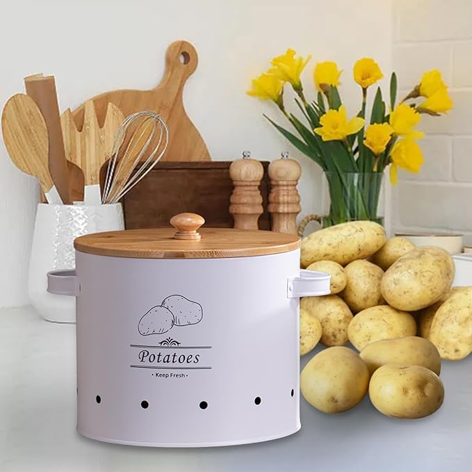 Potato Storage Tin Vegetables Storage Bin, Kitchen Organizer Kitchen Canister, Food Storage Container for Countertop Pantry, White Large