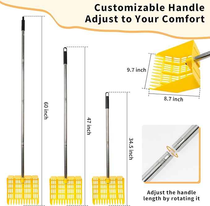 2-in-1 Chicken Poop Scooper & Rake – Adjustable Stainless Steel Handle, Lightweight Plastic Coop Scoop for Cleaning Chicken Coops, Sand, Litter – Chicken Coop Accessories for Backyard Farms