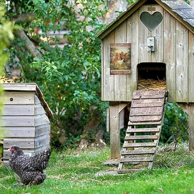 ERLOOD Just Want to Work in My Garden and Hang Out with My Chickens Farm Poster Vintage Metal Tin Sign Wall Plaque for Home Kitchen Bar Coffee Shop 12 X 8