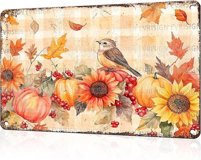 Retro Pumpkin Wall Art Thanksgiving Metal Sign with Farmhouse Style Perfect for Garden, Yard and Indoor Home Decor 8x12Inch