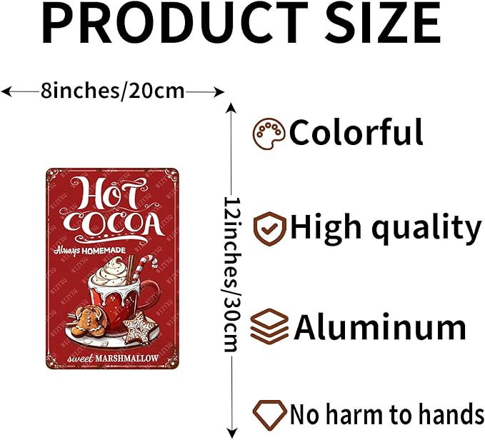 Tin Sign Hot Cocoa Always Homemade Sweet Marshmallow Metal Signs Vintage Christmas Aluminum Sign For Living Room Bar Bedroom Yard Garden Bathroom Decor 12×8 Inch