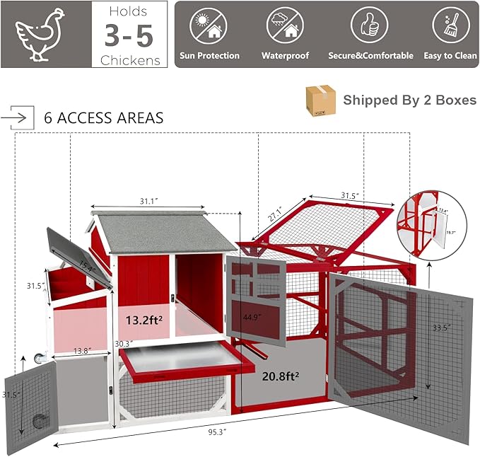 Chicken Coop Mobile Wooden Hen House with Nesting Box,95.3" L Outdoor Chicken House with Wheels and Removable Tray,Fir Wood Chicken Tractor with 6 Ventilation Door,Ramp(Red)