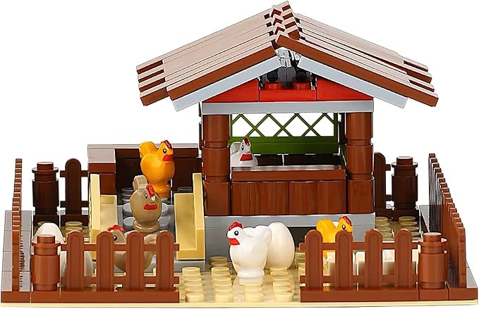 General Jim's Chicken Coop Hen House Modular Building Block Brick Set 122 Piece Set or Addition to Rural Farm Scene Set with All Accessories Shown for Teens and Adults.