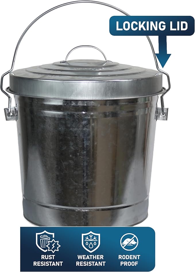 6 Gallon Metal Bird Seed Storage Can with Locking Lid Rodent Proof Galvanized Feed Bin for Bird or Chicken Food Bucket