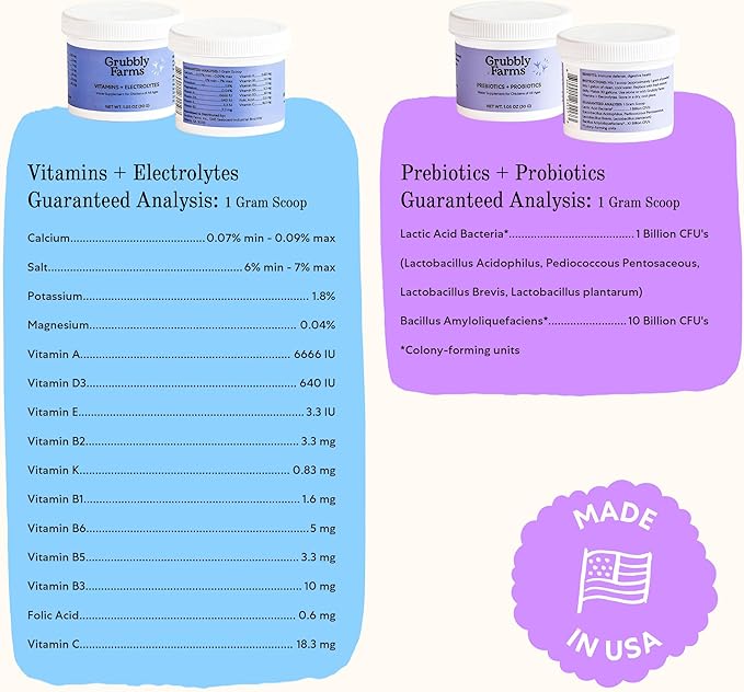 Grubbly Farms Supplements Bundle - Layer Calcium, Probiotics+Prebiotics, Vitamins+Electrolytes & Omega Mix - Complete Nutrition Support, Strong Eggshells & Digestive Wellness for Laying Hens - 4 Pack