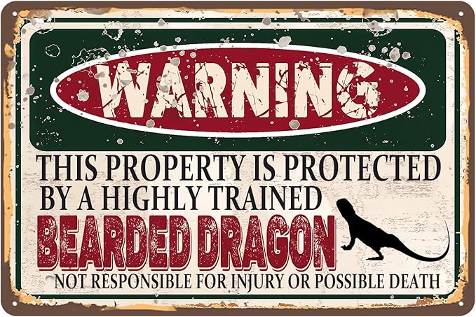 Vintage Bearded Dragon Metal Sign， Warning this property is protected bY a highly trained Bearded Dragon Sign Funny Tin Signs 12x8 Inch