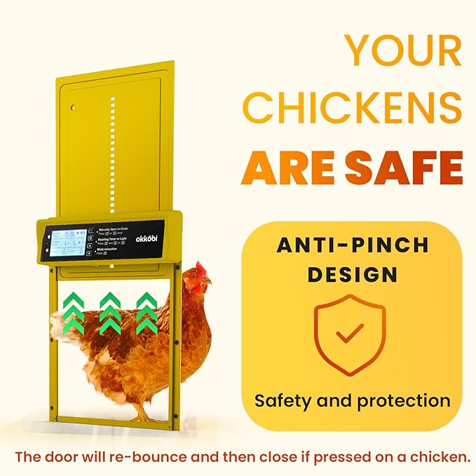 Okkobi Automatic Chicken Coop Door Solar Powered - LCD Display - Chicken Coop Door with Remote Control, Light Sensor & Timer - Security & Peace of Mind: Anti-Pinch Function - 5-Year Protection