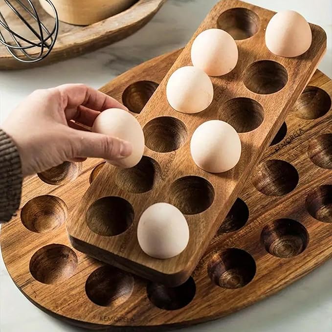 Solid Wood Egg Holder Countertop Wooden Egg Tray to Hold Fresh Eggs Rustic Egg Storage Rack Deviled Egg Plates for Countertop Display Kitchen Organization Refrigerator Storage (12 Eggs)