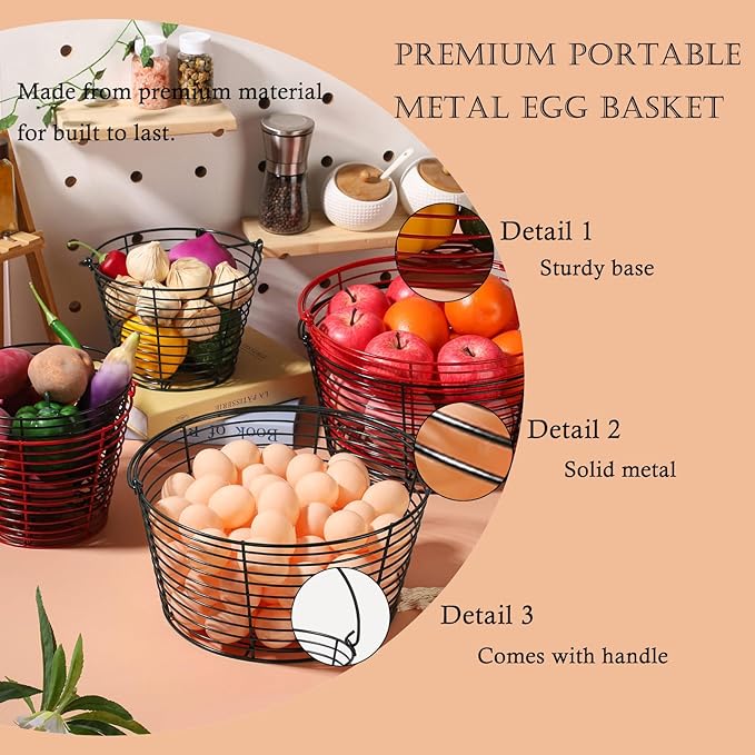 Colorful Metal Mesh Wire Egg Collecting Basket with Handle Portable Garden Vegetable Fruit Storage Lightweight Hanging Collector for Farmhouse Gathering Kitchen Picnic (Black, Large - 12")