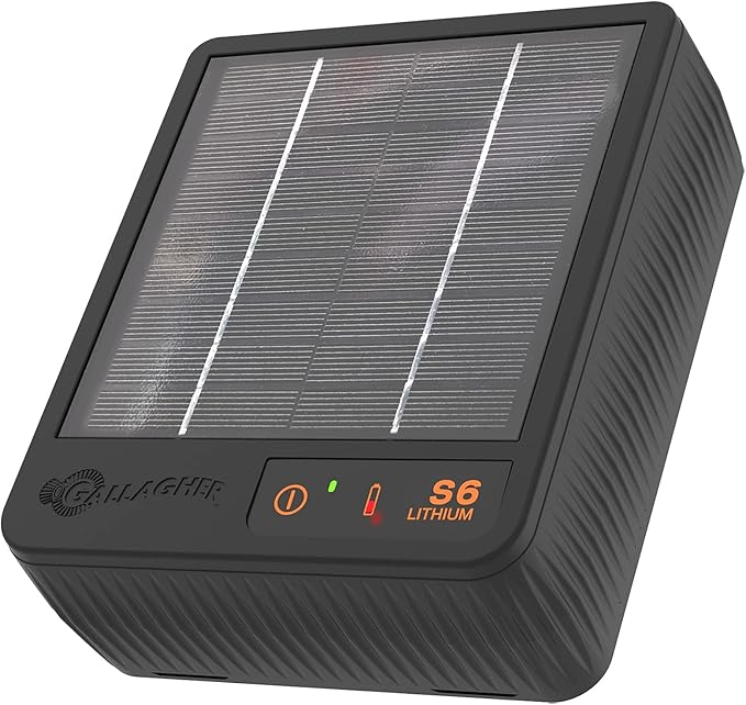 Gallagher S6 Solar Electric Fence Charger | Solar Fence Energizer for Gardens, Chickens, Goats, and Pets | Solar-Powered Fence Charger with Lithium Battery | Mounts Directly to Grounding Rod