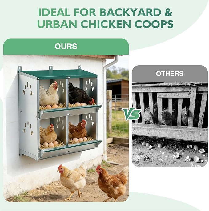 EAGLE PEAK 4-Hole Wall Mounted Chicken Nesting Box, Roll Away Hen Laying Box with Sloped Roof & Easy Clean Tray, Galvanized Steel for Backyard Chicken Coops (Green)