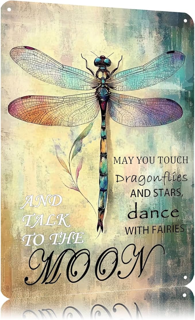 Vintage Dragonfly Tin Signs May You Touch Dragonflies And Stars Dance With Fairies Metal Sign Wall Decor for Garden Yard Home Bedroom Living Room 12×8 Inch