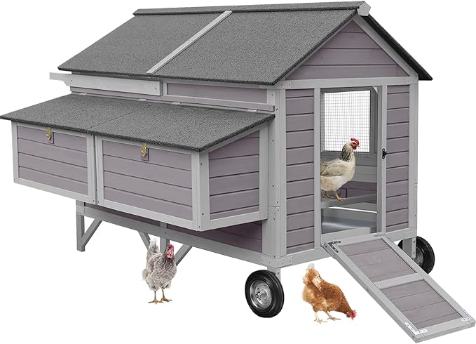 Chicken Coop with Strong Iron Frame, 68.1" L Large Wooden Poultry Cage with 8.1" Big Wheels, Outdoor Chicken House with Two Nesting Boxes for 6 Chickens