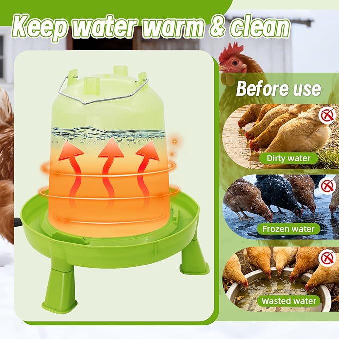 Heated Chicken Waterer 6L Thermostatically Controlled Poultry Water Heater with Overheating Protection, Galvanized Steel Handle Automatic Heated Poultry Drinker for Coop Chickens, Ducks, Geese (Green)