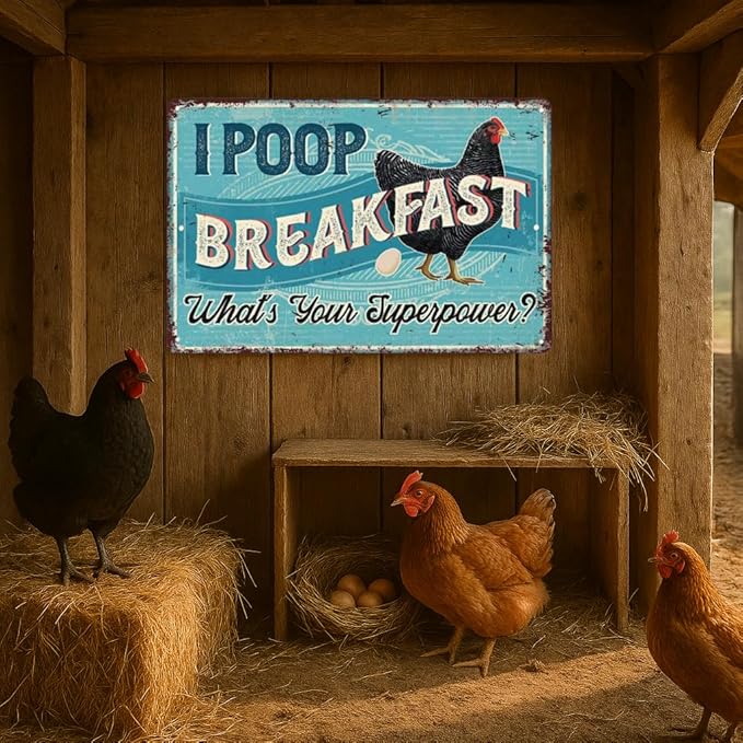 Funny Chicken Coop Signs,I Poop Breakfast Funny Farm,Vintage Metal Chicken Decor For Home Farm Yard Garden Kitchen Outdoor 8" x 12", Retro Turquoise Tin Signs