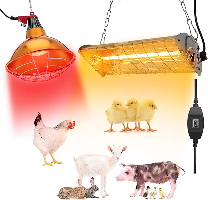 2 Set 400W Winter Chicken Coop Heater, Chicken Warming Lampshade with 150W Infrared Red Heat Bulb, Carbon Fiber Hanging Light Heated for Livestock, Chicks, Rabbit or Ducklings