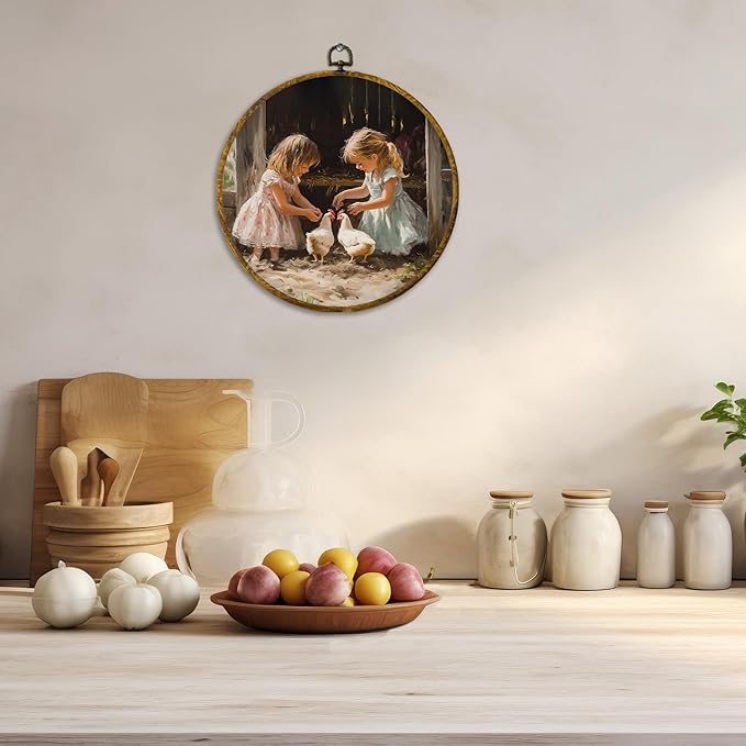 CUANFDDSF Vintage Farmhouse Girl and Chickens Round Wall Art, Rustic Cottagecore Kitchen Framed Hanging Wall Decor, Country Animal Scene Canvas Prints Decorations for Farm House Room, 10x10 Inch