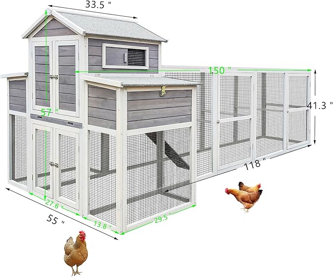 Large Wooden Chicken Coop Outdoor Hen House with Nesting Box，Walk-in Poultry Cage with Secure Locks, Metal Mesh Run for Backyard Farm Use (Gray 150")