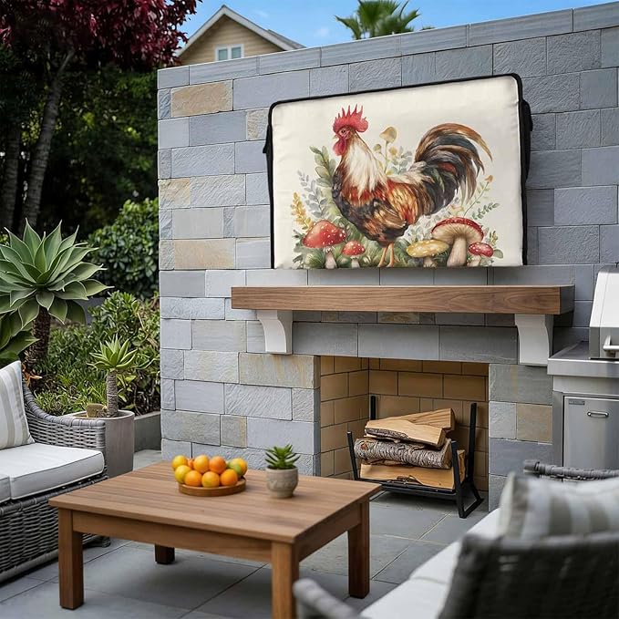 Waterproof Outdoor TV Cover 48 to 50 Inch, Retro Watercolor Farm Chicken Outside Flat Screen Televisions Weatherproof Cover Size 48"L x 30"H, Mushroom on Linen TV Protector With Zipper