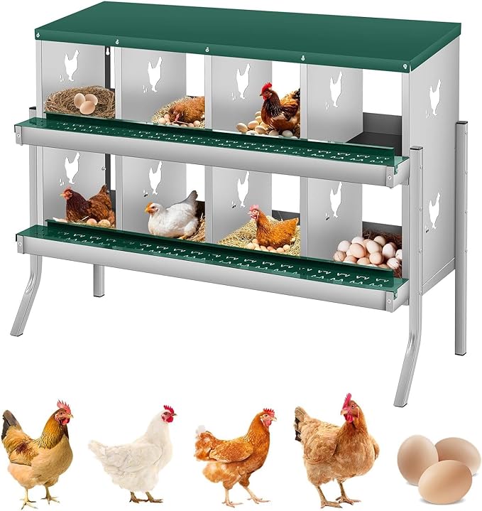 8-Hole Chicken Nesting Box, Rustproof Galvanized Steel, Wall-Mounted Metal Laying Box for Hens, Easy Egg Collection & Cleaning, Roll Away Nest Boxes - Green