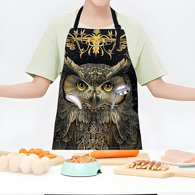 Elegant Owl Apron,Adjustable Waterproof Oxford Fabric Kitchen Apron with 2 Pockets for Men and Women, Cooking, Baking, BBQ, Coffee Shop, Housewarming Gifts, 28x33 Inches