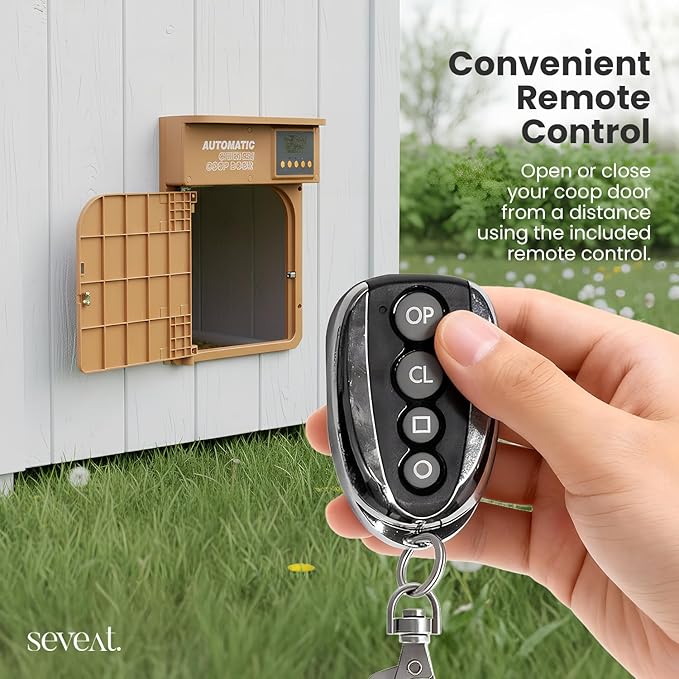 Automatic Chicken Coop Door with Remote Control – 6W Battery Powered, Includes 4×AA Batteries, Auto & Manual Modes, Timing Sensor, 180° Opening/Closing Angle (Light Brown)