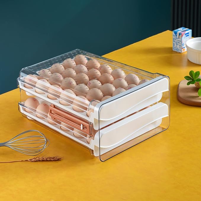 Sooyee 60 Capacity Egg Container for Refrigerator, Household Egg Holder for Fridge, Transparent 2 Drawers Chicken Egg Storage Container,White