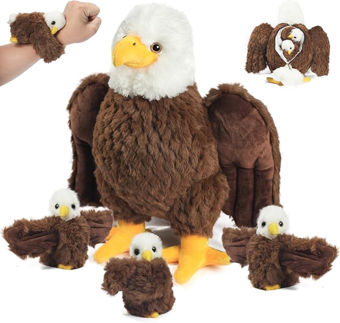 4 Pcs Bald Eagle Stuffed Animal Plush Bulk Large Mommy Eagle Plush with 3 Cute Babies Stuffed Eagle Plush Toys Plushies for Kids Boys Girls Birthday Easter Stuffers Birders Zoo Plush Gifts