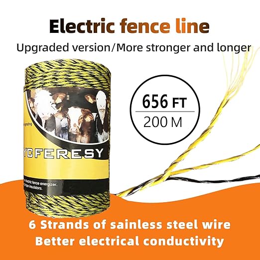 Upgraded Electric Fence Poly Wire 656 Feet 200 Meters and 100 Pcs Black Electric Fence Insulator Screw-in Insulator Fence Ring Wood Post with 1 Pcs Insulator Socket Tool