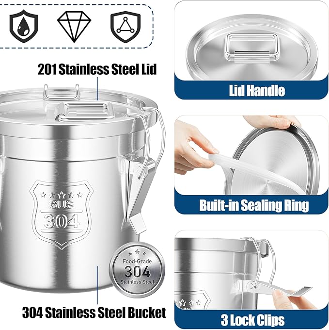 1.6Gal/6L Stainless Steel Airtight Canister, Airtight Food Storage Container with Lid and Lock Clips, 304 Stainless Steel Canister for Rice, Flour, Grain, Coffee Bean