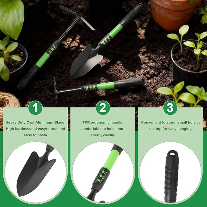 Garden Tool Set, 4 Pack Gardening Tools, Stainless Steel Heavy Duty Hand Cultivator, Hoes, Shovel, for Planting Weeding Digging, Gardening Gifts for Women, Green