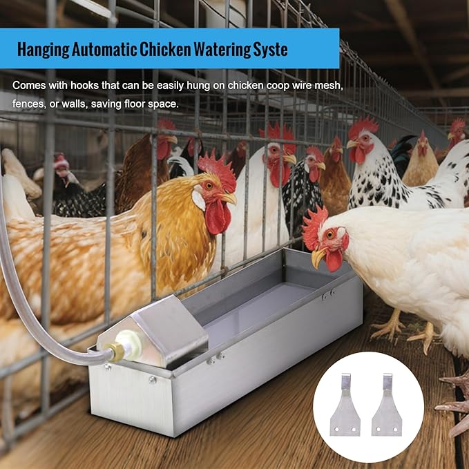 Automatic Chicken Waterer Dispenser 1 Gallon Large Stainless Metal Poultry Waterer Feeder Hanging Chicken Watering System with Float Valve Hose Kit for Pigeon Duck Goose Turkeys for Chicken Coop