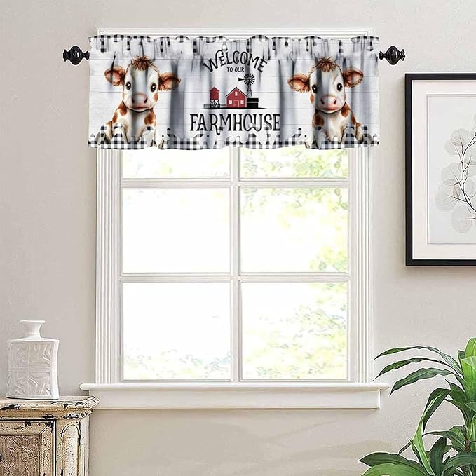 Farmhouse Animal Valance Curtains Watercolor Cute Cow Wooden Board Black White Buffalo Check Art Print Rod Pocket Curtain Valance for Kitchen Bedroom Living Room Decor 1 Panel W54xL18 Inch