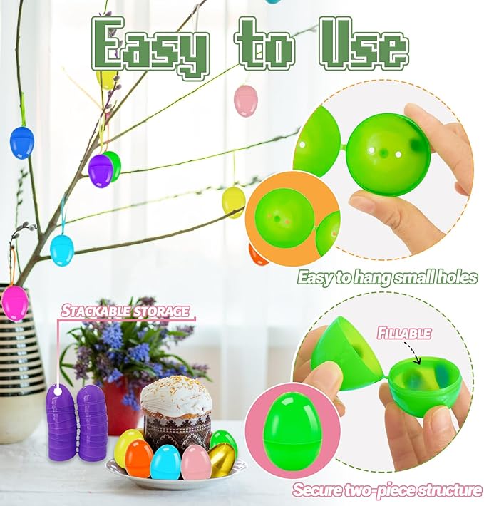 Bvrbaory 100 Pcs 2.4" Fillable Easter Eggs,Bulk Plastic Hinged Empty Eggs,Bright Colorful Easter Egg,Assorted Colors for Easter Egg Hunt,Basket Stuffers,Party Favors,Treasure Box,Classroom Prizes