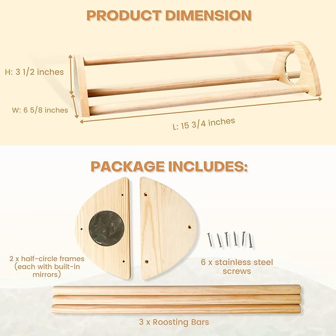 TonGass 16" Extra Long Chicken Perch - Freestanding Roosting Bar for Baby Chicks with Built-in Mirrors for Entertainment - Durable Polished Bamboo Roosting Bar - 15 3/4 x 6 5/8 x 3 1/2"