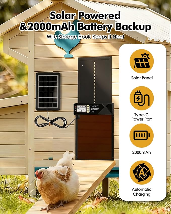 Automatic Chicken Coop Door Solar Powered,Aluminum Alloy Auto Door, Timer & Light Sensor, LCD Display, Remote Control, Anti-Pinch & Weatherproof Design, 4 Working Modes,Vertical Sliding Door
