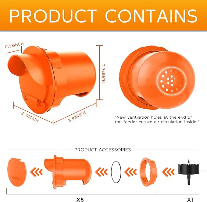 Chicken Feeder Port 8 Pack Poultry No Waste Port Kit with Stopper Lid, 1 Hole Saw, DIY Automatic Reusable Coop Feeder, Rain Proof Gravity Feeding Geese Duck Hens Rooster for Bucket Barrel Bin (Orange)
