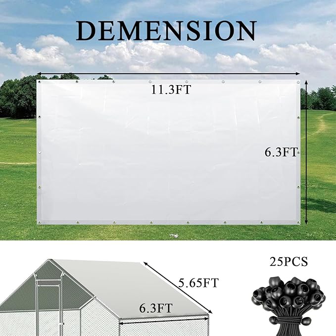 Chicken Coop Cover Waterproof Accessories,11.5x6.3 ft Chicken Run Cover for Winter,Waterproof Insulated Chicken Coop Tarp with 25 Pcs Ball Bungees Cords(1 Pcs)