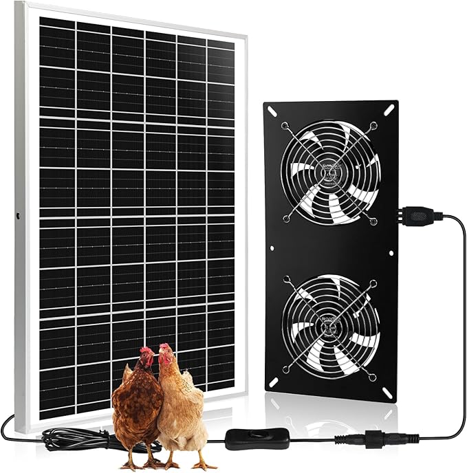 Solar Powered 2 Fan Kit, 25W High Velocity Waterproofed Solar Exhaust Fans for Outdoor Greenhouse Chicken Coop Shed Pet House