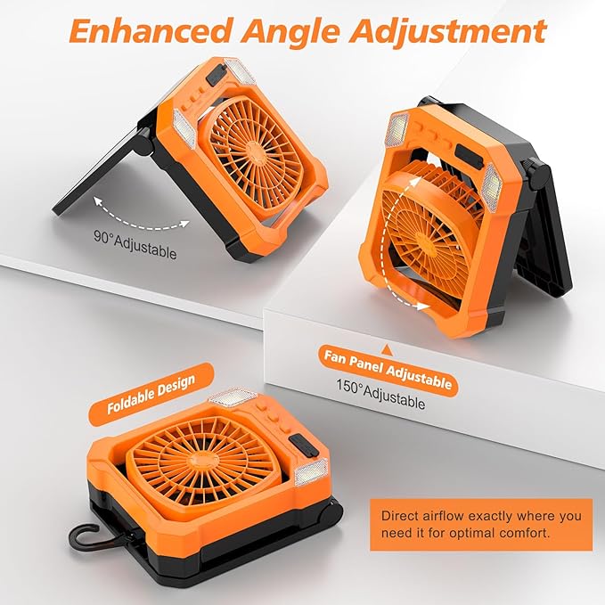 Camping Fan Battery Powered & Solar Powered, Portable Solar Fan 10000mAh Rechargeable Outdoor Fans with Light, Quiet Cordless Fans for Tent, RV, Emergency, Hiking, Power Outage, Desk, Survival Kit