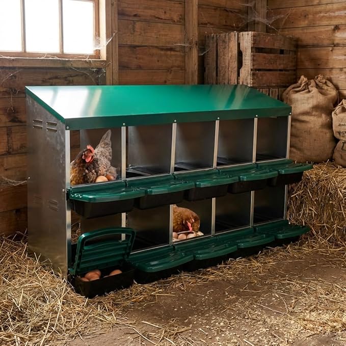 GarveeLife 10 Holes Nesting Boxes for Chickens, Chicken Nesting Boxes, Chicken Laying Box with Lid Cover, for Outdoor Chicken Coop Farm Yard, Green