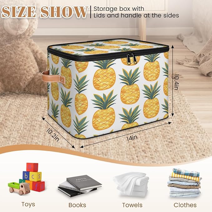 Yellow Pineapple Storage Bins With Lids Fabric Collapsible Storage Box with Leather Handles for Home Bedroom Foldable Closet Shelf Organizer