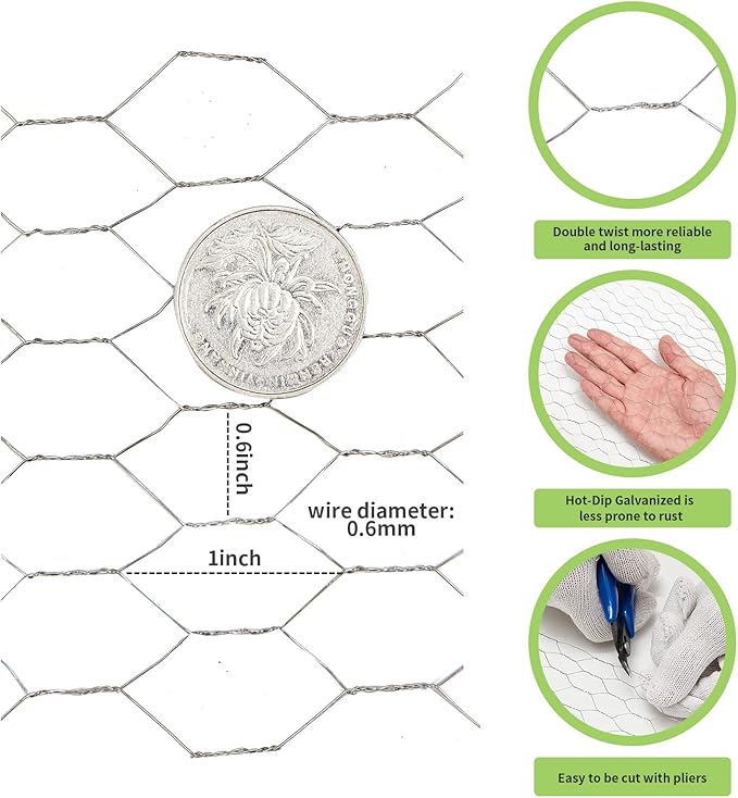 Chicken Wire Fencing 16.9 Inch x 49.2 Ft, Poultry Wire Netting 0.6 Inch Hexagonal Galvanized Floral Fence Mesh for Pet Rabbit Coop