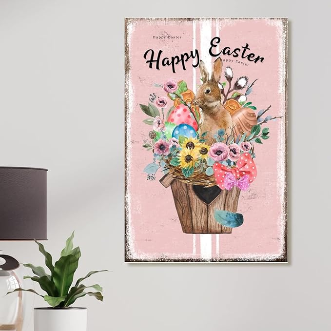 Happy Easter Flower Basket Bunny Wood Decor Sign French Style Floral Pink Stripes Wood Plaque Spring Farmhouse Decor Easter Bunny Wood Sign Plaques for Home Office Porch 8x12in
