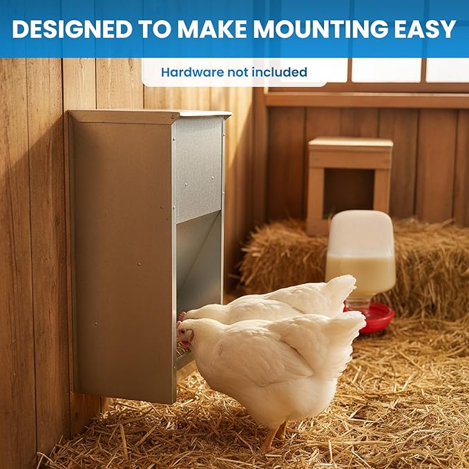 Plexon Steel Poultry Feeder 25lb Capacity – Galvanized Metal Chicken Feeder Turkey Duck Feed Dispenser Wall Mountable Outdoor - Grid to Reduce Waste, No Assembly