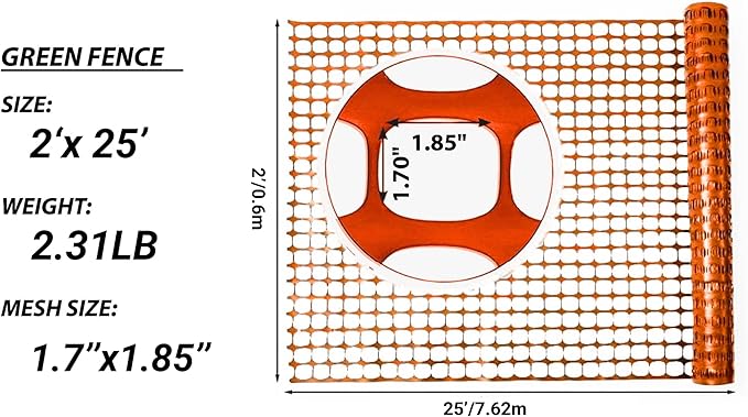 PotatoLife Plastic Mesh Fence Safety Fence, 2'x25' Roll with 50 Zip Ties, Resuable Temporary Netting for Garden Fencing, Construction, Snow Fencing, Animal Barrier, Poultry, Deer, Patio, Orange
