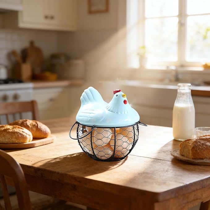 Egg Storage Organizer for Kitchen Countertop, Ceramic Chicken Lid with Wire Basket Dispenser, Black Chicken Egg Holder for Fresh Eggs, Rustics Egg Dispenser Rack for Farmhouse Decor (Blue)