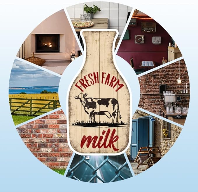 GLOBLELAND "Fresh Farm Milk" Vintage Metal Tin Sign 10.6x5.4inch Retro Milk Bottle Plaque Poster Cow Metal Wall Decorative Tin Signs for Home Kitchen Restaurant Coffee Shop Club Bar Decoration