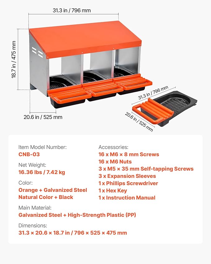 VEVOR Chicken Nesting Boxes, 3 Compartments, Metal Egg Laying Boxes with Protective Collection Lids, Roll Out Nesting Box, Easy to Assemble, Ideal for Hens, Ducks, Chickens, and Other Poultry, Orange