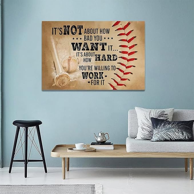 Baseball Wall Art Inspirational Sport Theme Wall Decor Motivational Quotes Pictures Canvas Prints Artwork Baseball Decor For Boys Room Playroom Bedroom Gym Framed 24"x16"